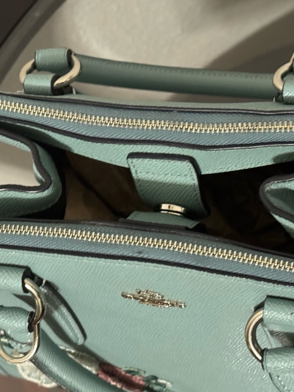 COACH Light Blue  Floral Applique Leather Satchel with Top Handles - Picture 15 of 16